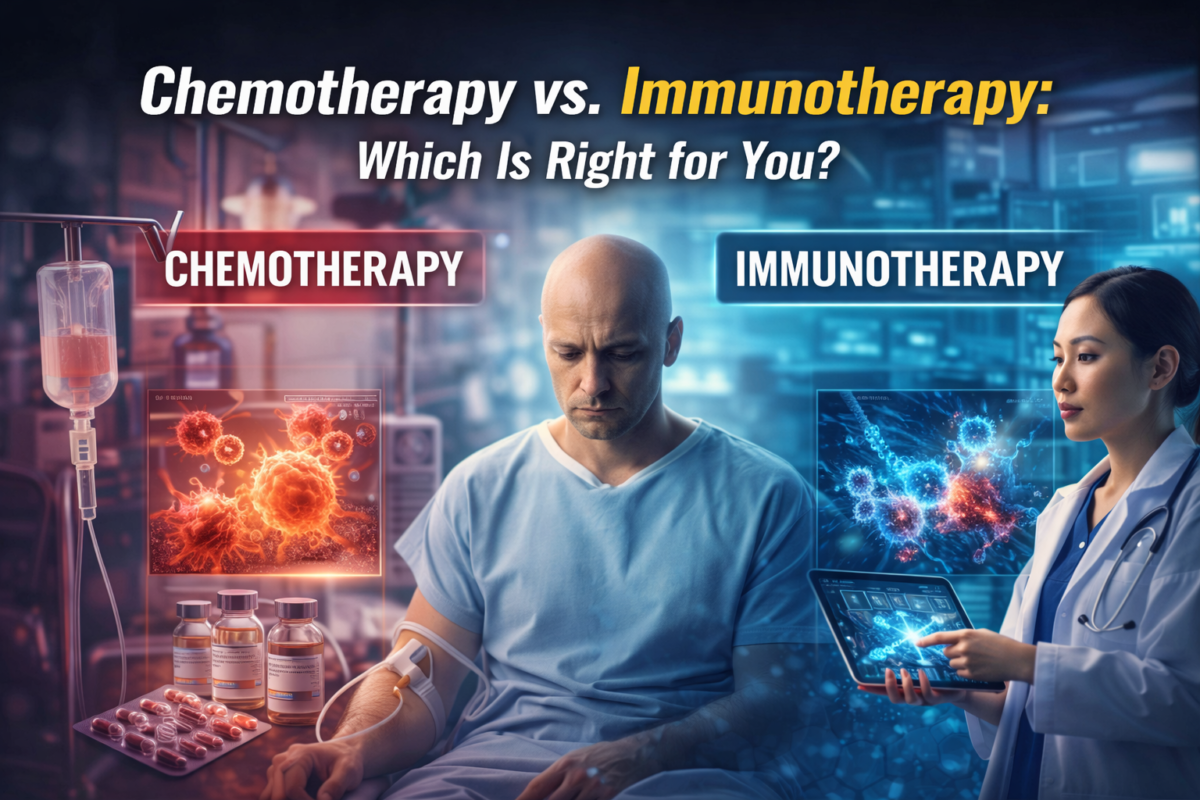 Chemotherapy vs immunotherapy comparison showing cancer patient and treatment methods.