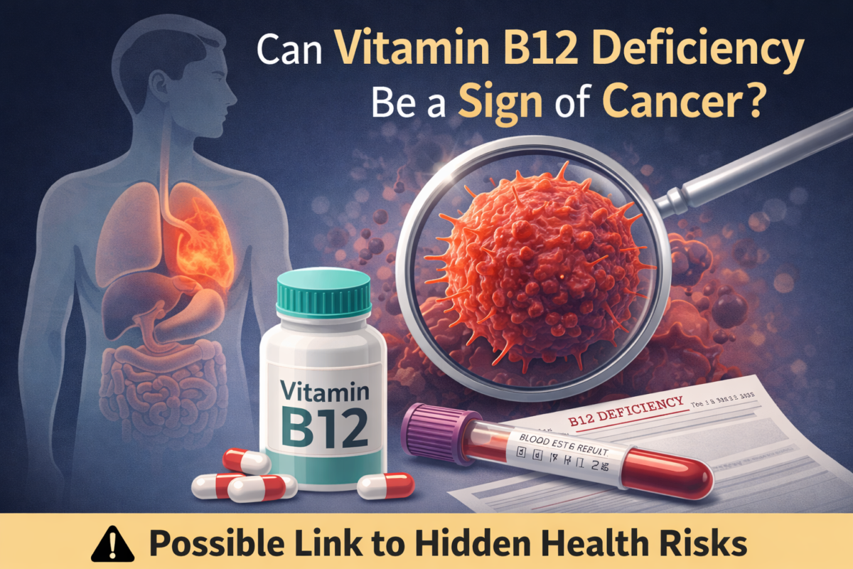 Vitamin B12 deficiency infographic showing possible link to cancer risk with blood test and cells under magnifier.