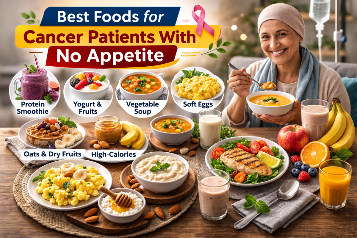 Cancer patient eating soup with healthy foods like smoothies, fruits, eggs, and nuts displayed on table.