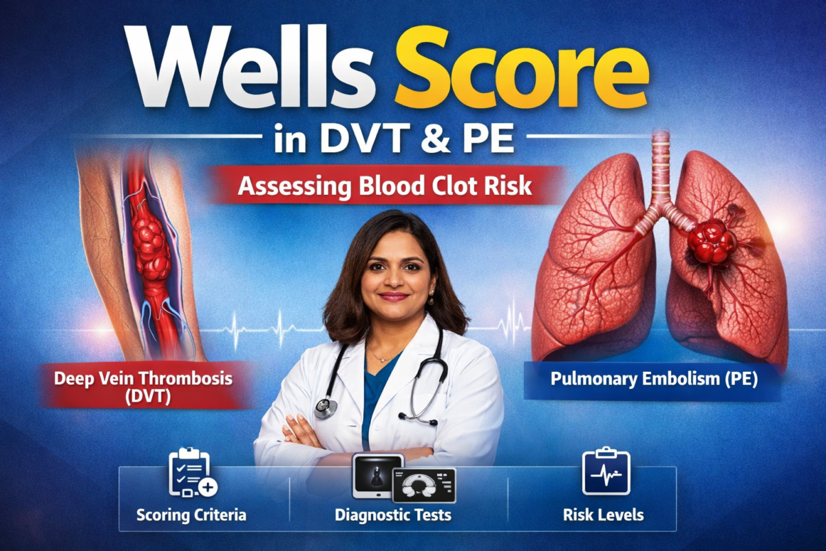 Wells Score infographic showing Deep Vein Thrombosis (DVT) and Pulmonary Embolism (PE) with doctor illustration and blood clot risk assessment details.