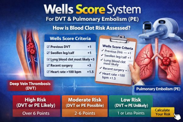 Medical infographic explaining Wells Score criteria for DVT and Pulmonary Embolism including heart rate, surgery history, and blood clot risk evaluation.