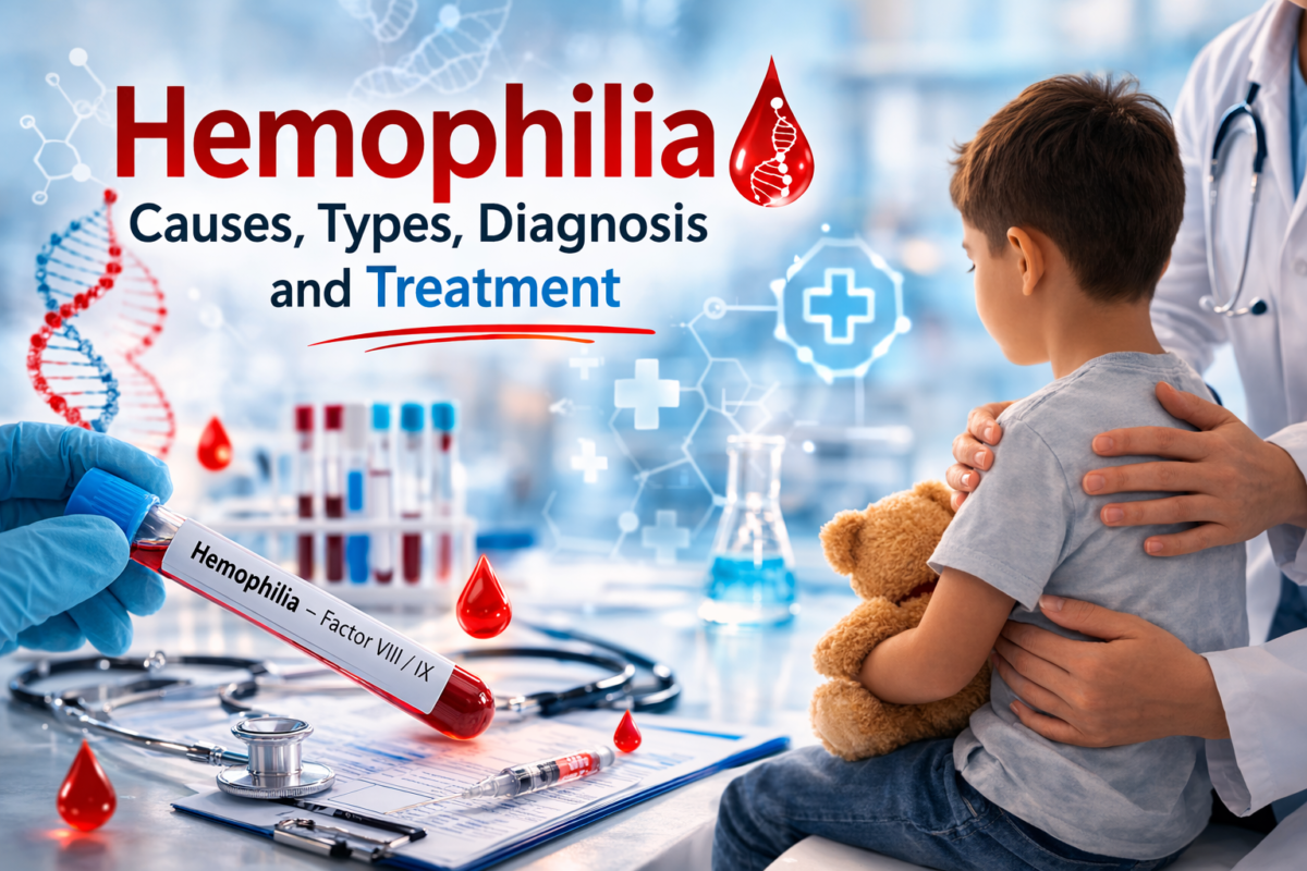 Hemophilia causes, types, diagnosis and treatment medical concept with doctor and child.