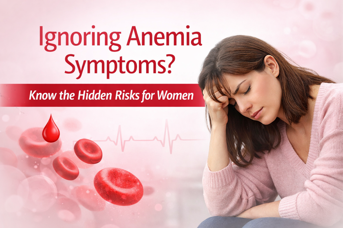 Woman experiencing fatigue and weakness with red blood cells illustration representing anemia symptoms in women