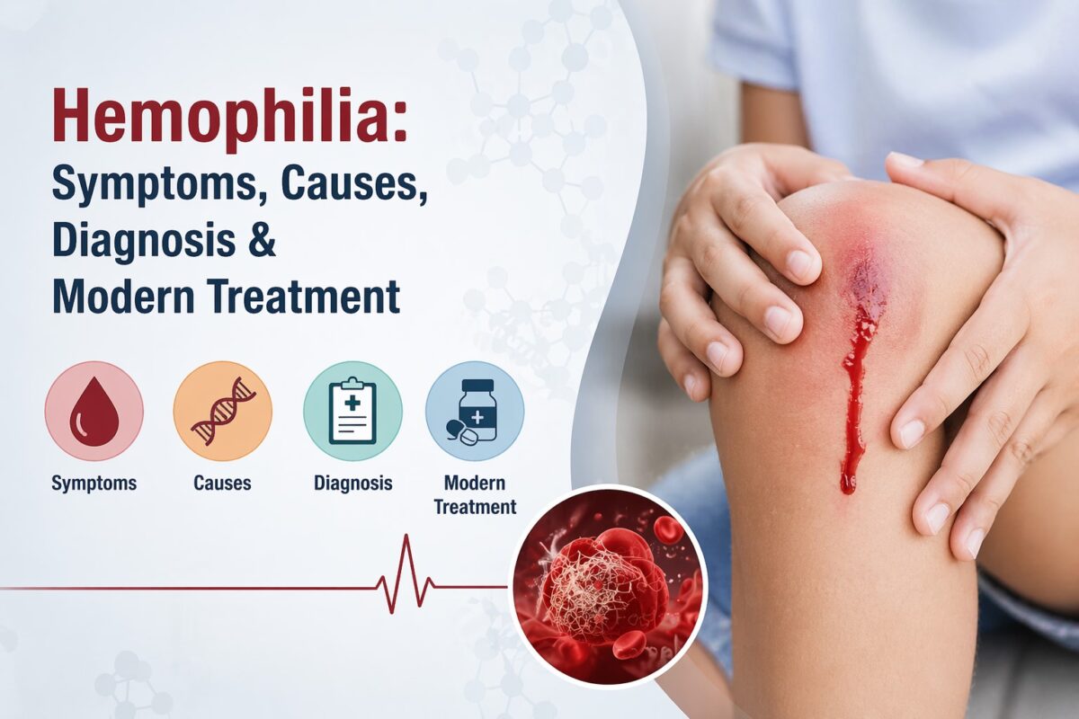 Hemophilia medical infographic showing symptoms, causes, diagnosis, and modern treatment, with a close-up of a bleeding knee and healthcare icons.