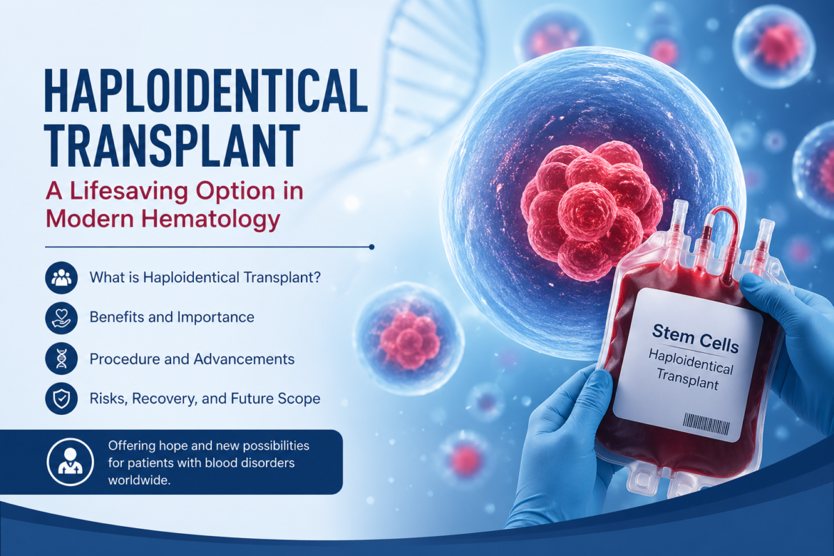 Medical illustration of a stem cell bag and blood cells representing haploidentical transplant.