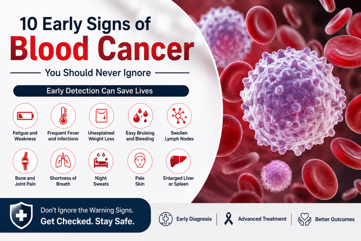 Professional medical infographic illustrating the early signs and symptoms of blood cancer with detailed blood cell visuals and awareness icons.