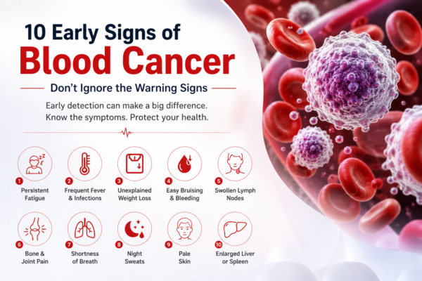 Medical infographic highlighting the early signs of blood cancer with symptom icons and realistic blood cell illustrations.