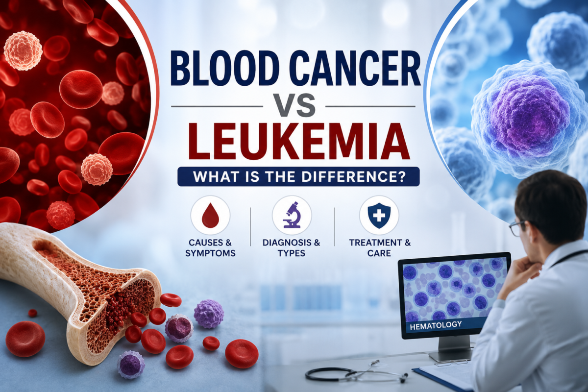 Blood Cancer vs Leukemia infographic showing blood cells, bone marrow, and hematology diagnosis concepts.