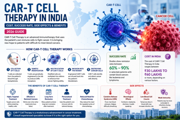 CAR-T Cell Therapy infographic showing cancer treatment process, benefits, side effects, and success rate in India.