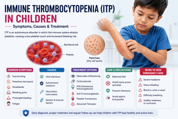 Infographic about Immune Thrombocytopenia (ITP) in children showing symptoms, causes, treatment options, and warning signs of low platelet count.