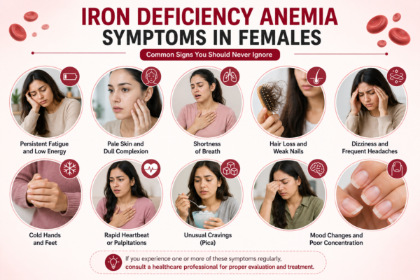 Infographic showing common iron deficiency anemia symptoms in females, including fatigue, pale skin, shortness of breath, hair loss, dizziness, cold hands, rapid heartbeat, unusual cravings, and weak nails.