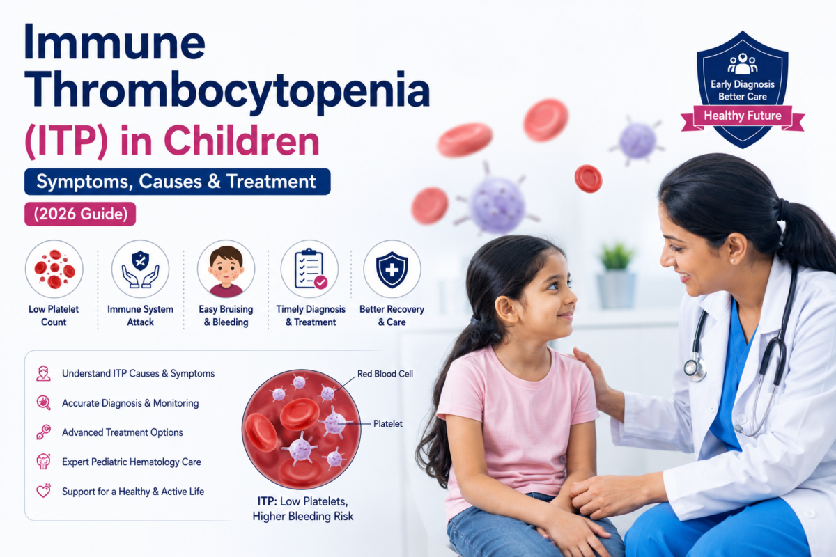 Medical infographic about Immune Thrombocytopenia (ITP) in children showing symptoms, causes, treatment, and pediatric hematology care.