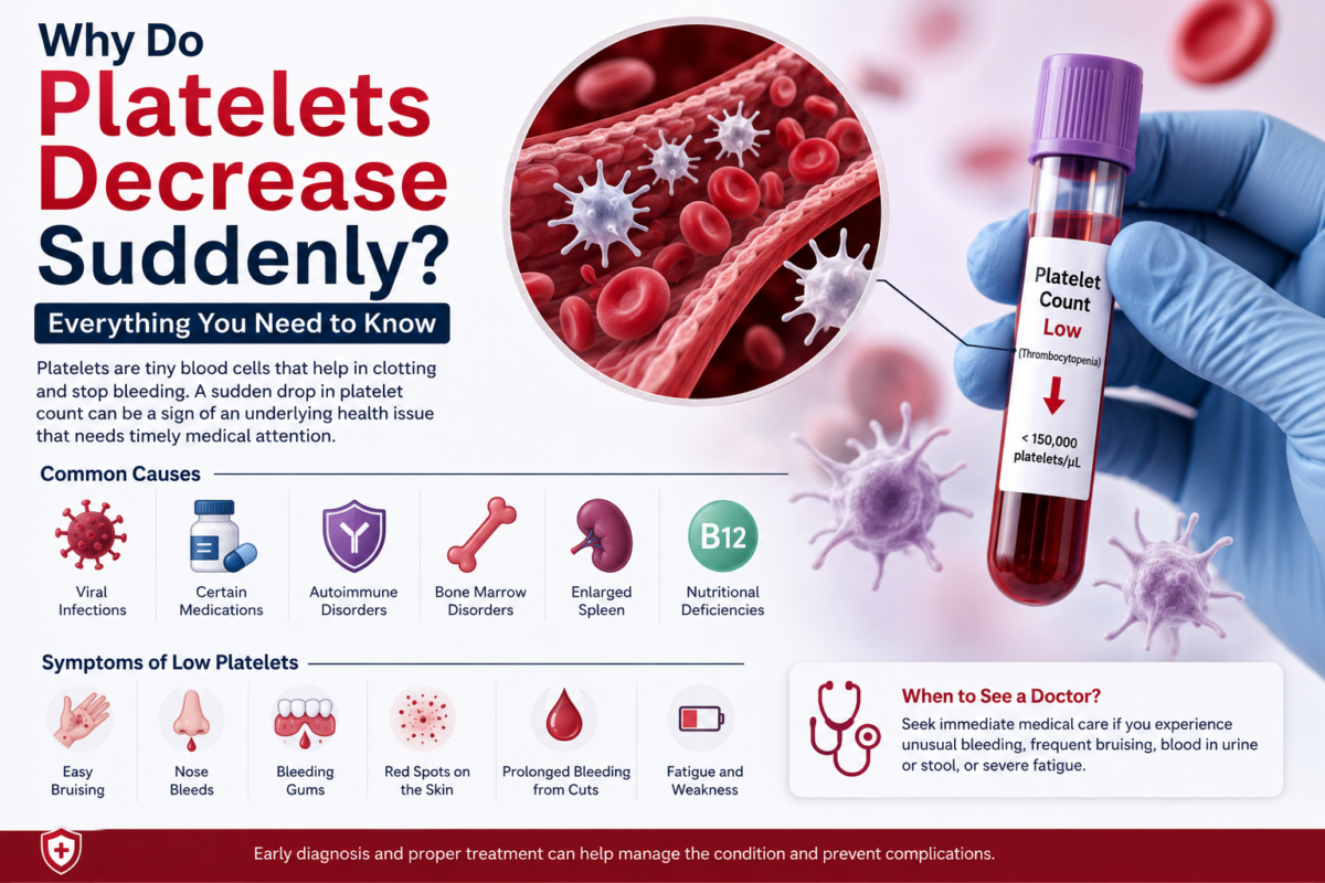 Low platelet count infographic showing common causes, symptoms, and diagnosis of sudden platelet decrease (thrombocytopenia).