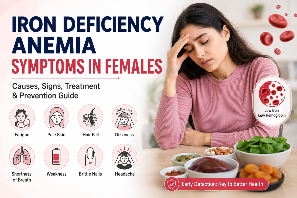 Woman experiencing fatigue and dizziness with infographic showing iron deficiency anemia symptoms in females, including pale skin, hair fall, weakness, headache, and low hemoglobin levels.