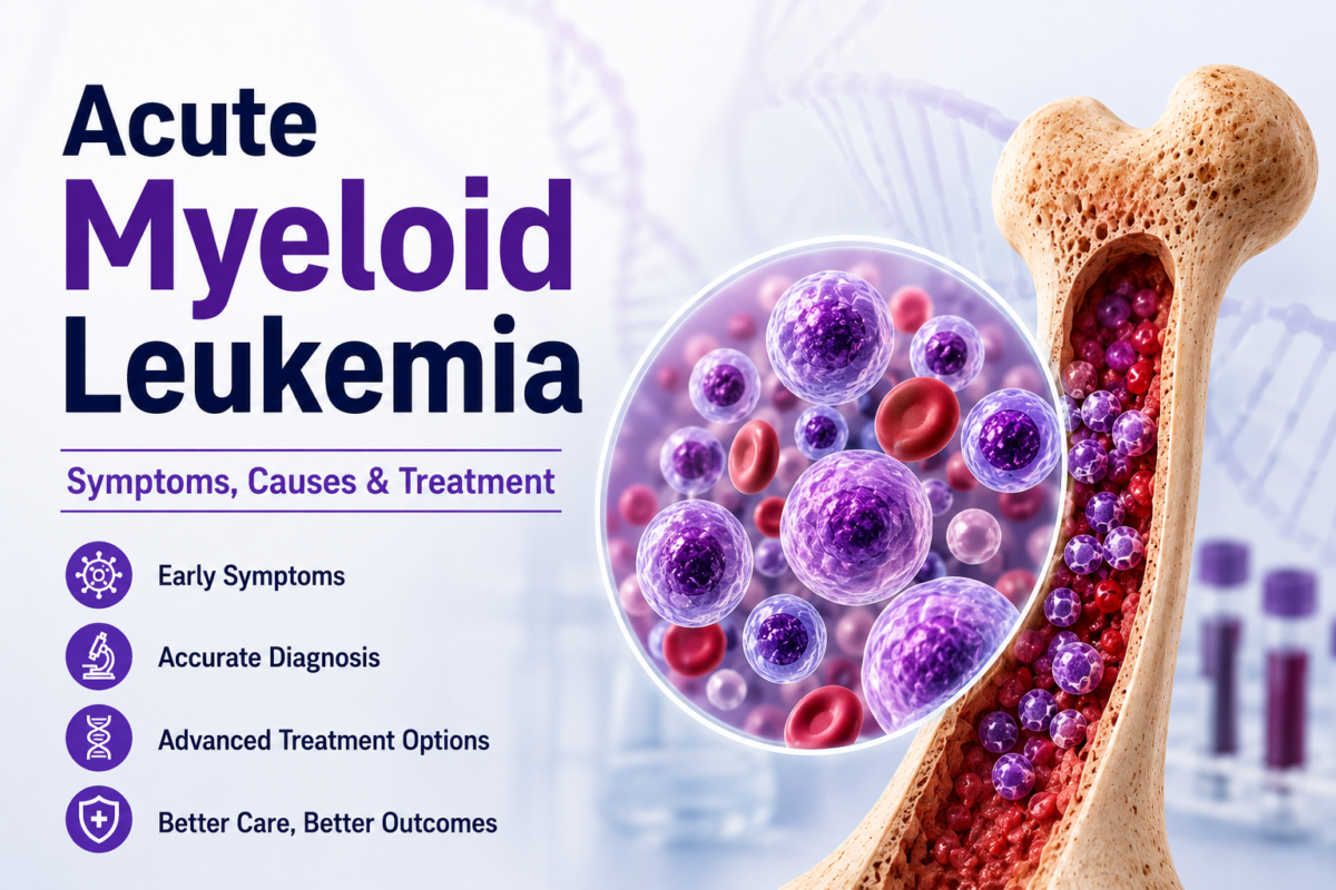Illustration of Acute Myeloid Leukemia showing abnormal blood cells, bone marrow, symptoms, diagnosis, and advanced treatment options in a medical infographic design.