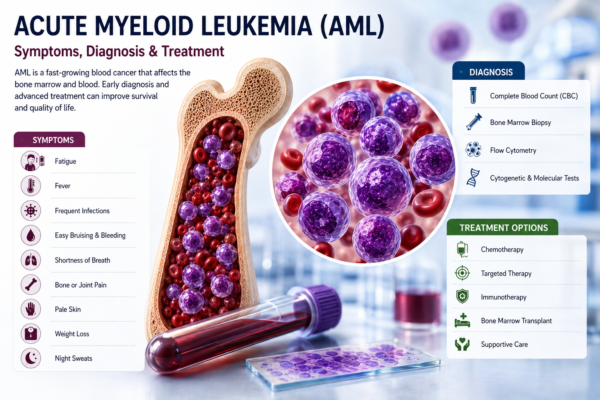 Medical infographic about Acute Myeloid Leukemia (AML) showing symptoms, diagnosis methods, treatment options, bone marrow illustration, and abnormal blood cells in a clinical healthcare design.