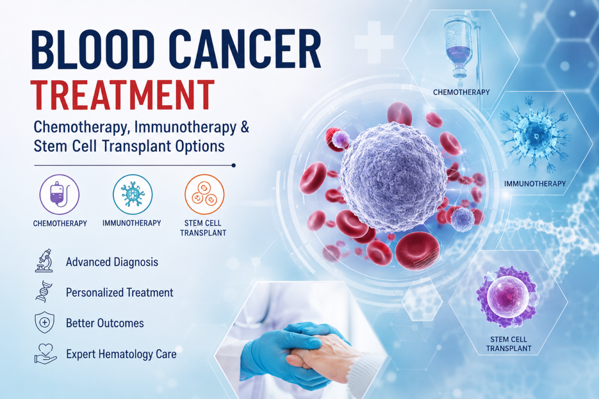 Blue and white futuristic medical infographic showing blood cancer treatment options including chemotherapy, immunotherapy, and stem cell transplant, with cancer cell illustration, medical icons, IV drip, and doctor-patient handhold representing care and treatment outcomes.