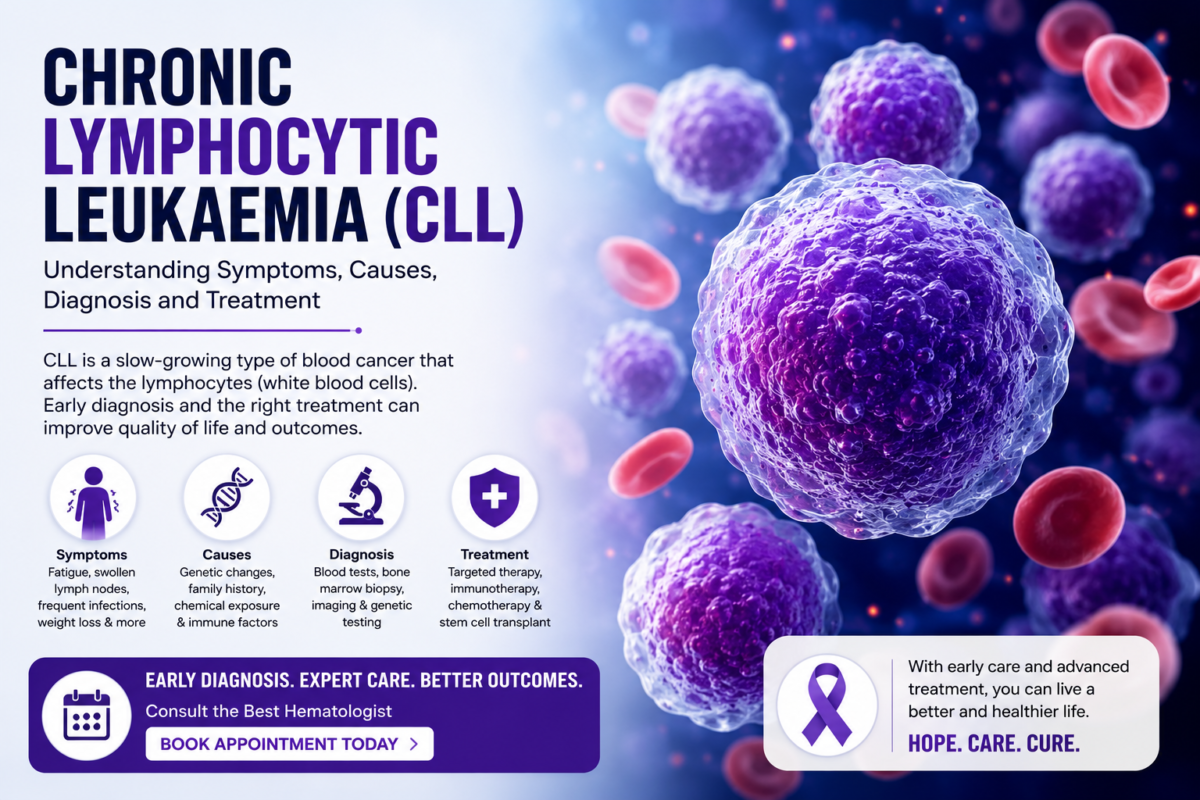 Medical infographic on Chronic Lymphocytic Leukaemia (CLL) showing enlarged white blood cells, symptoms, causes, diagnosis, and treatment options with awareness-themed healthcare design.