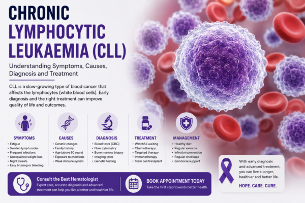 Chronic Lymphocytic Leukaemia infographic with blood cells, symptoms, diagnosis, and treatment information.