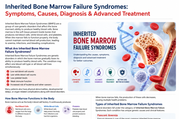 Illustration explaining Inherited Bone Marrow Failure Syndromes (IBMFS), showing bone marrow structure, red blood cells, DNA strands, and key information about symptoms, causes, diagnosis, and advanced treatment options for rare genetic blood disorders.