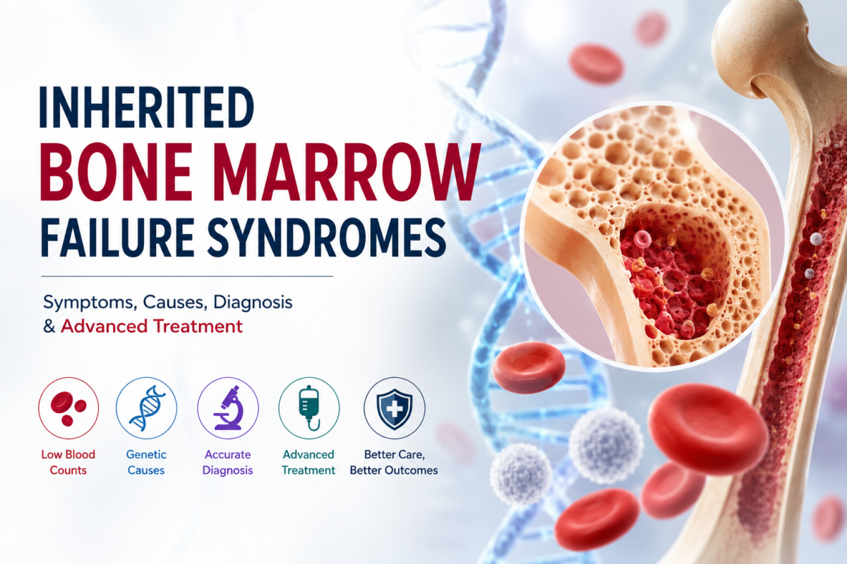 Medical infographic illustrating Inherited Bone Marrow Failure Syndromes with DNA strands, red blood cells, and bone marrow structure representing symptoms, genetic causes, diagnosis, and advanced treatment options.