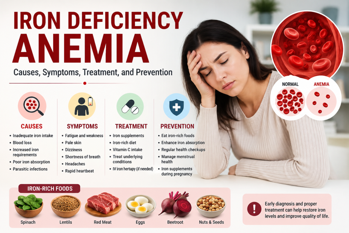 Medical infographic about Iron Deficiency Anemia showing causes, symptoms, treatment, prevention methods, and iron-rich foods with red blood cell illustrations and a fatigued woman.
