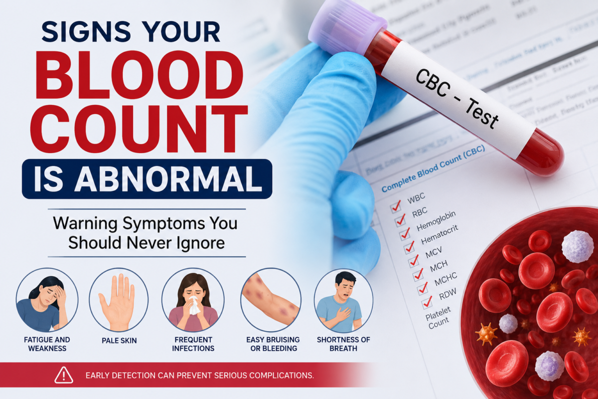 Abnormal blood count symptoms infographic showing CBC blood test, fatigue, pale skin, infections, bruising, and warning signs of blood disorders.