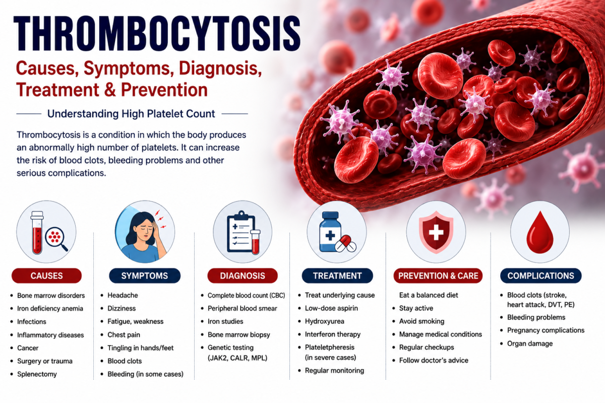 Medical infographic about Thrombocytosis showing causes, symptoms, diagnosis, treatment, prevention, and complications with detailed blood vessel and platelet illustrations.