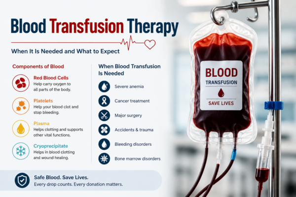 Infographic explaining blood transfusion therapy, including blood components, common reasons for transfusion, and the benefits of safe blood transfusions.