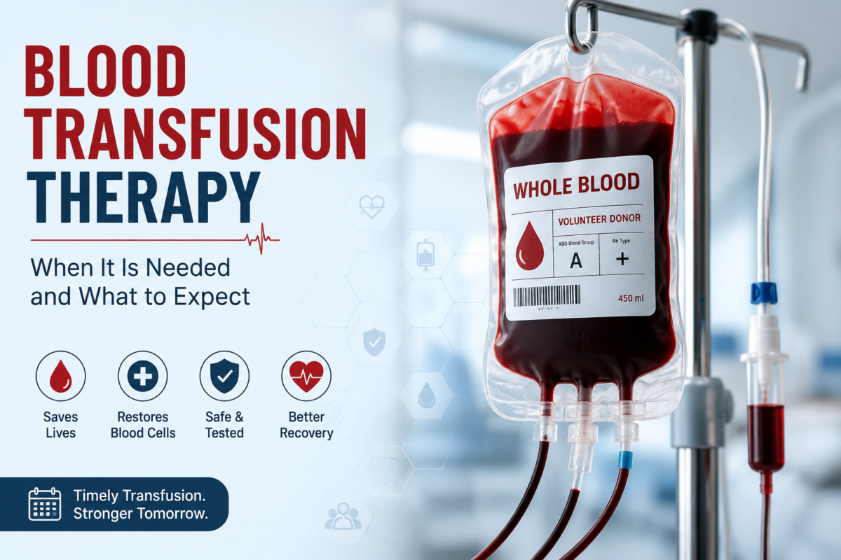 Blood transfusion therapy illustration showing a blood bag connected to an IV, explaining when blood transfusions are needed and what patients can expect.