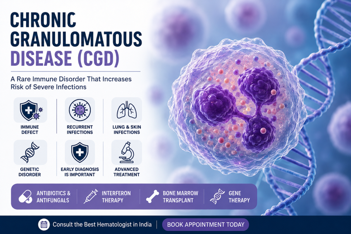 Medical infographic explaining Chronic Granulomatous Disease (CGD) with immune cell illustration, DNA structure, infection symptoms, treatment options, and bone marrow transplant awareness.