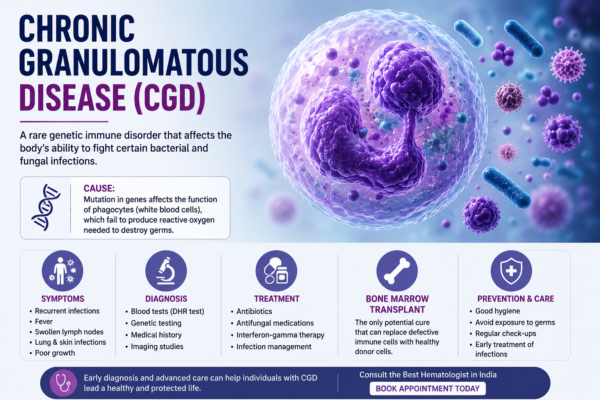 Infographic about Chronic Granulomatous Disease (CGD) showing immune cell illustration, genetic immune disorder causes, symptoms, diagnosis, treatment options, bone marrow transplant, and infection prevention details.