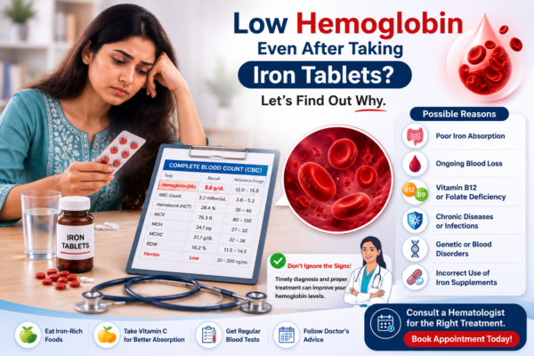 Patient with low hemoglobin reviewing a CBC report and iron tablets with a doctor consultation concept.