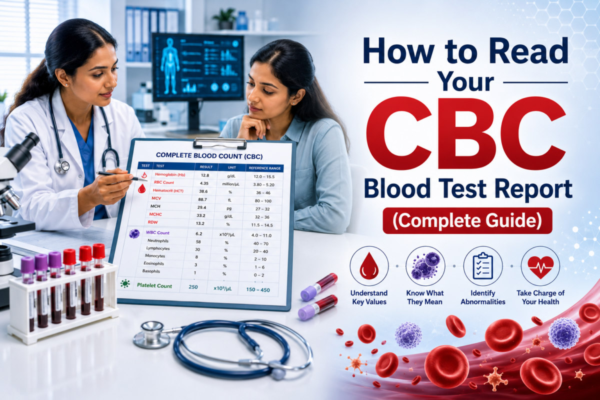 Doctor explaining a CBC blood test report to a patient in a modern hospital.