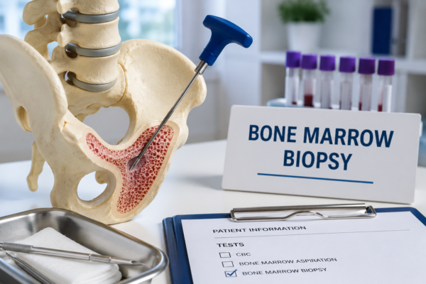 Bone marrow biopsy illustration showing a pelvic bone model, biopsy needle, medical instruments, and blood sample tubes in a clinical setting.