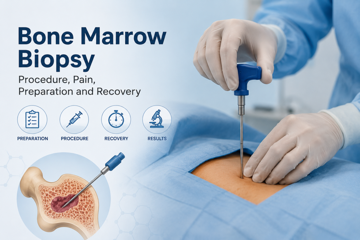 Bone marrow biopsy procedure showing a doctor using a biopsy needle to collect a bone marrow sample from the pelvic bone.