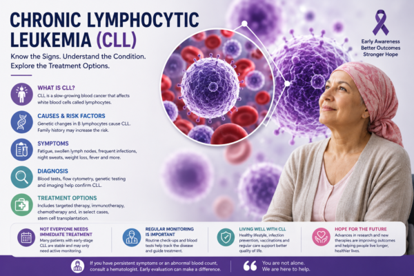 CLL symptoms, diagnosis and treatment infographic with blood-cell imagery and a patient.