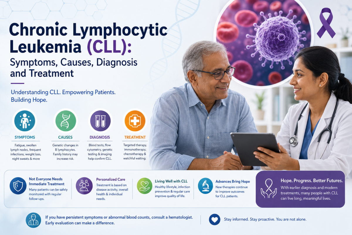 Chronic Lymphocytic Leukemia (CLL) infographic showing symptoms, causes, diagnosis and treatment, with a patient consulting a doctor and illustrations of abnormal blood cells and DNA.