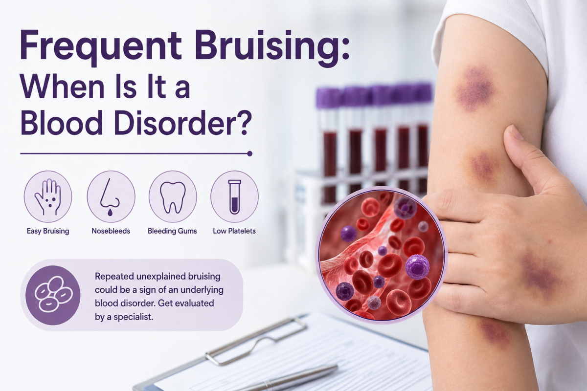Frequent bruising with unexplained skin bruises, low platelet indicators, and blood cell imagery highlighting possible blood disorders.