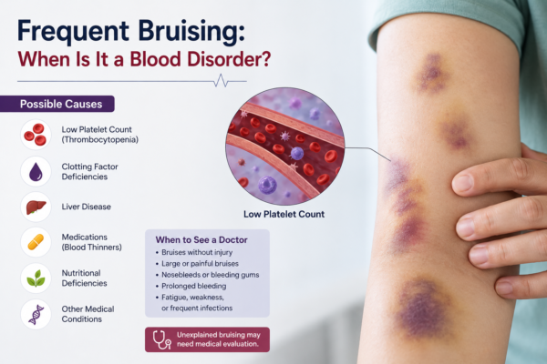 Medical infographic showing frequent bruising, possible causes such as low platelet count and clotting disorders, and warning signs that may require medical evaluation.