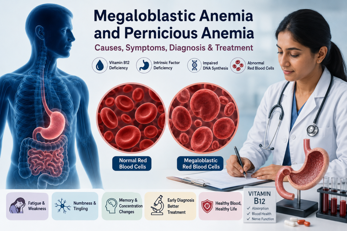 Megaloblastic anemia and pernicious anemia infographic showing vitamin B12 deficiency, intrinsic factor deficiency, abnormal red blood cells, symptoms, diagnosis, and treatment.
