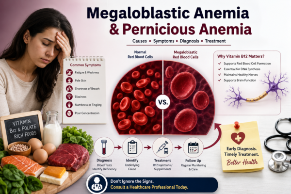 Megaloblastic anemia and pernicious anemia infographic showing symptoms, vitamin B12 and folate-rich foods, normal versus enlarged red blood cells, diagnosis, treatment, and the importance of early medical care.