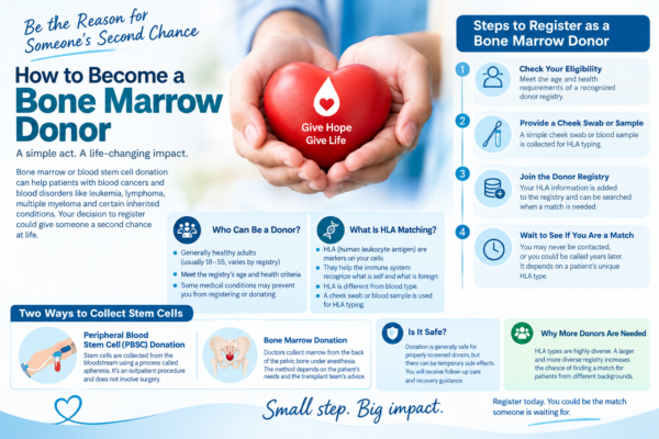 How to Become a Bone Marrow Donor – eligibility, cheek swab registration, HLA matching, donor registry, PBSC and bone marrow donation process, and the importance of becoming a donor.