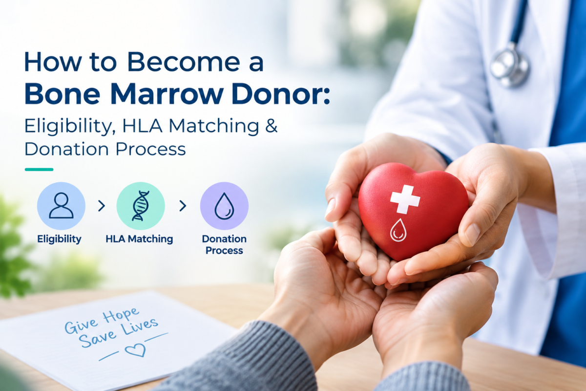 Bone marrow donor eligibility, HLA matching, and donation process illustration with healthcare professional and patient.