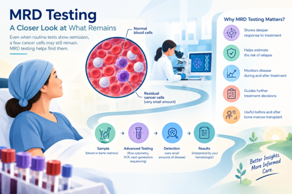 MRD testing illustration showing residual cancer cells, blood or bone marrow sampling, advanced testing methods, and treatment monitoring in blood cancer.