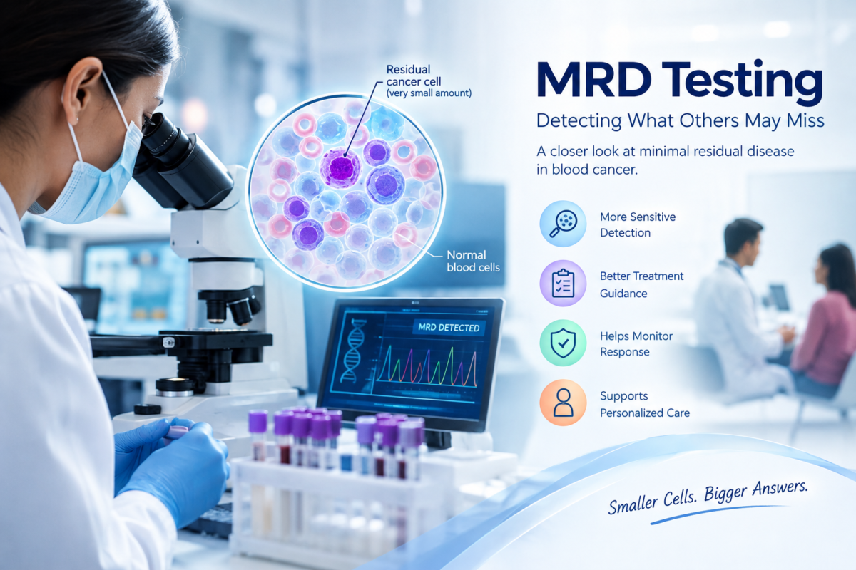 MRD testing for blood cancer showing a laboratory analysis of residual cancer cells among normal blood cells.