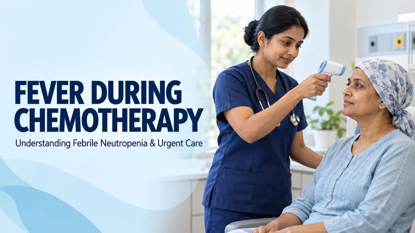 Nurse checking a chemotherapy patient’s temperature with a non-contact forehead thermometer.