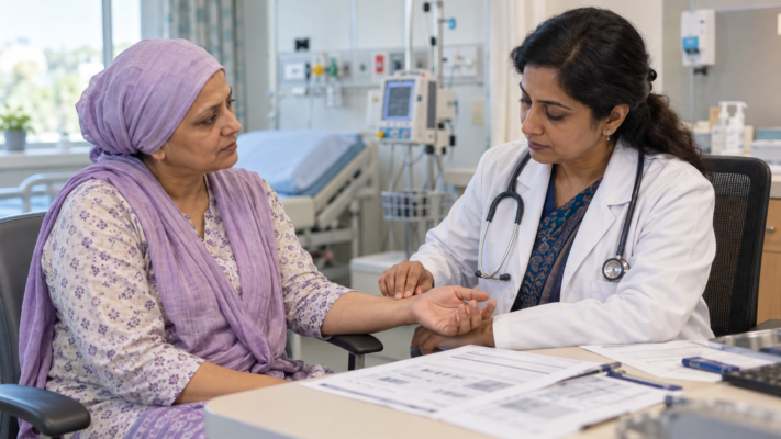 Doctor checking a chemotherapy patient’s pulse, with medical reports on the consultation desk.
