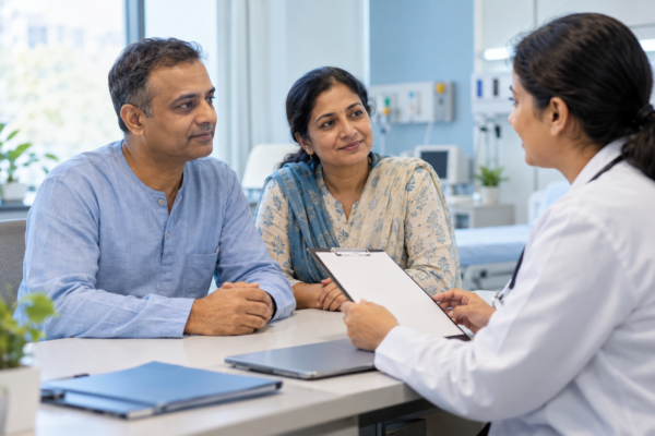 Patient and caregiver discussing recovery after a stem cell transplant with a healthcare professional.